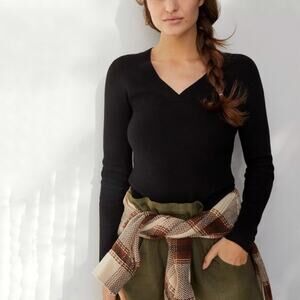 Anthropologie Maeve Black Thea Ribbed V-Neck Sweater Sz XS